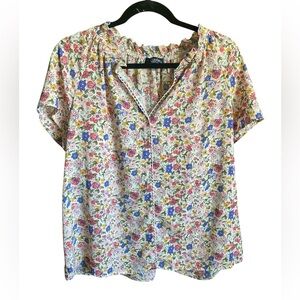 Camisa Floral Print Women's Short Sleeve Top with Lace Embellishment -Size XL